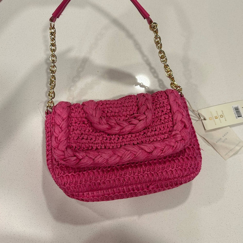 Madison West Fuchsia Woven Shoulder Bag with Gold Chain